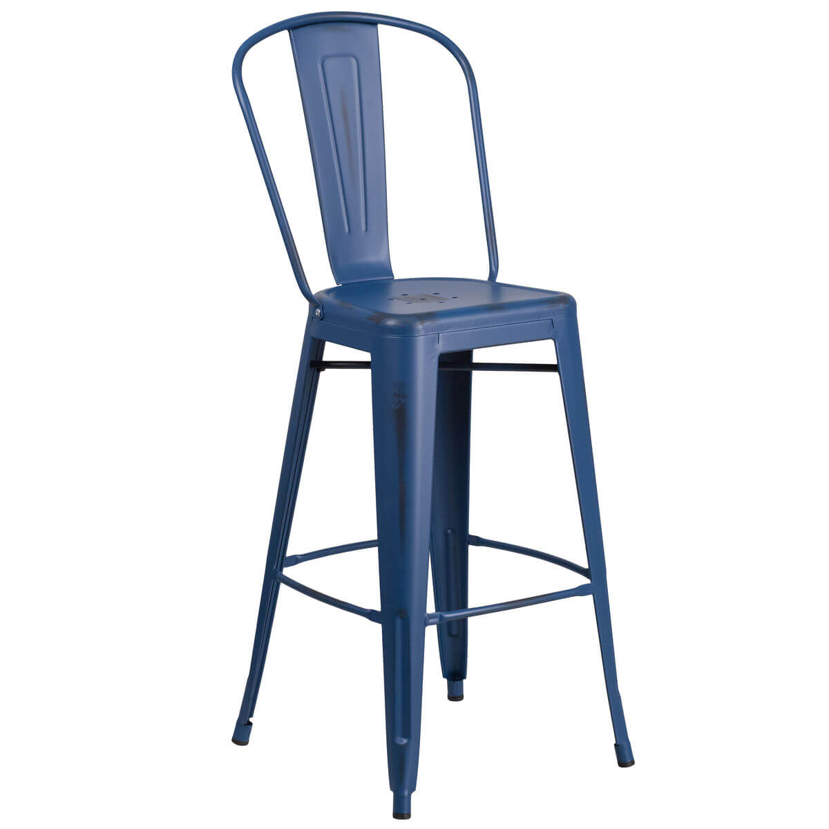 Distressed Dark Blue Bistro Style Metal Bar Stool