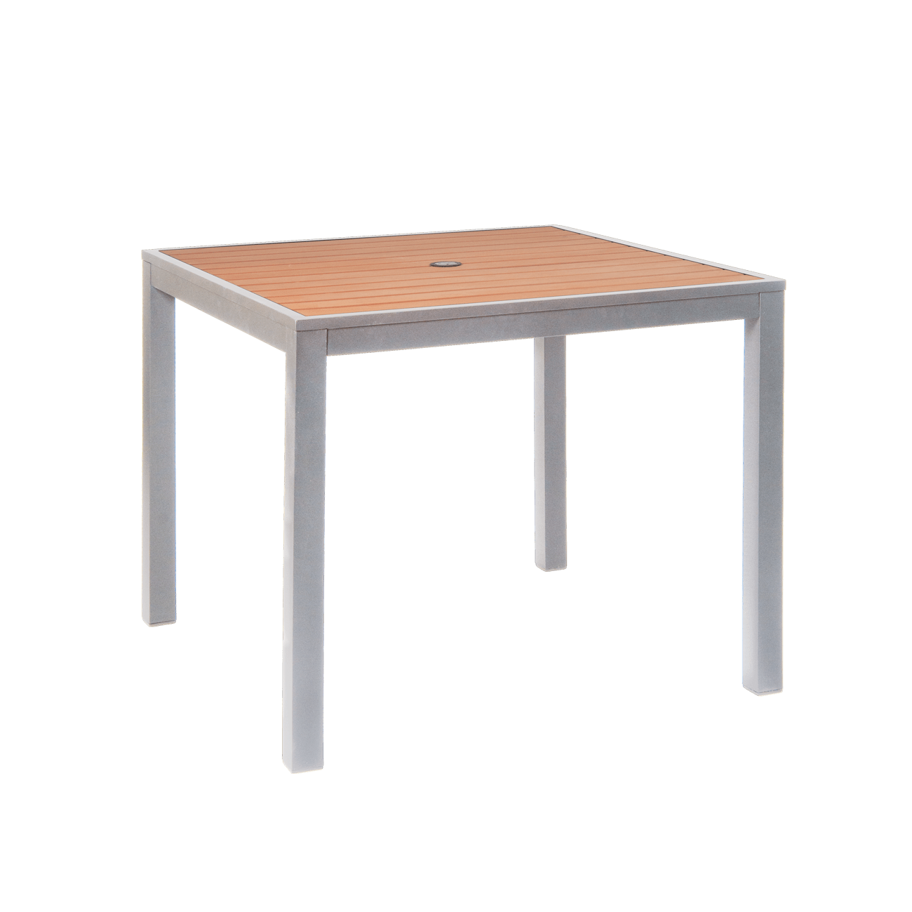 Aluminum Patio Table in Silver Finish with Plastic Teak Slats