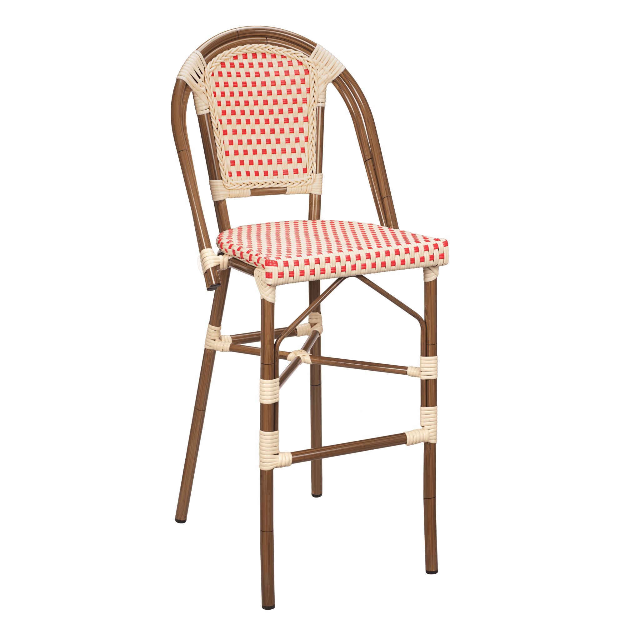 Aluminum Bamboo Patio Bar Stool with Red & Cream Rattan