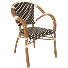 Aluminum Patio Arm Chair in Walnut Finish with Brown & White Faux Wicker