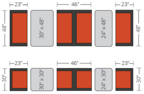 Single and Double Upholstered Restaurant Booth Spacing with Different Size  Table Tops