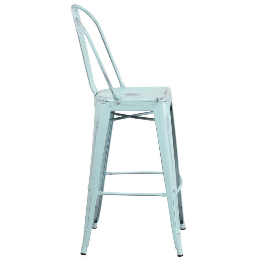 Distressed Ice Blue Bistro Style Bar Stool, Blue Metal Bar Stools With Backs