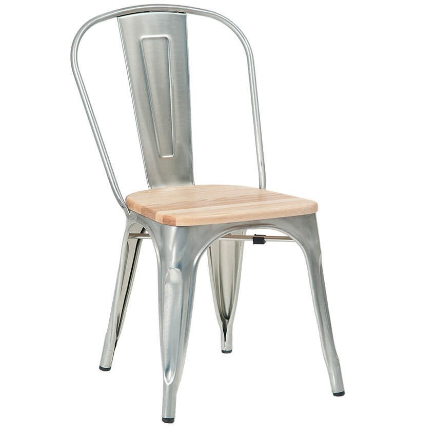 Bistro Style Metal Chair in Silver Finish with Natural Wood Seat