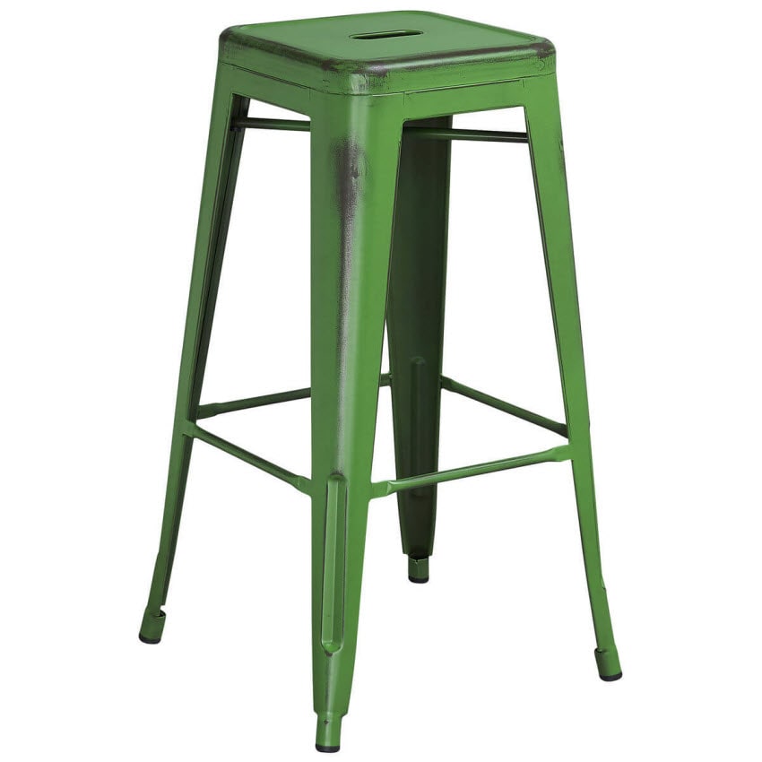 Backless Distressed Green Bistro Style Bar Stool