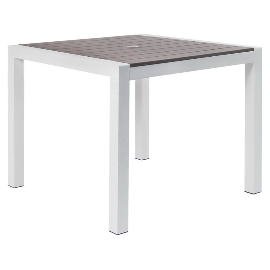 White Aluminum Restaurant Patio Table with Grey Plastic Teak Top