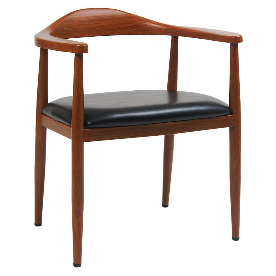 Wood Grain Metal Arm Chair in Walnut Finish with Black Vinyl Seat