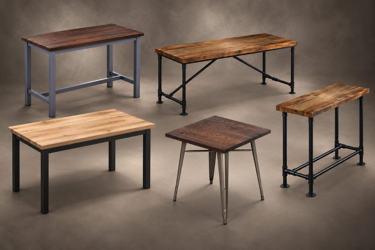 Commercial wood restaurant table sets in dining and bar-height configurations